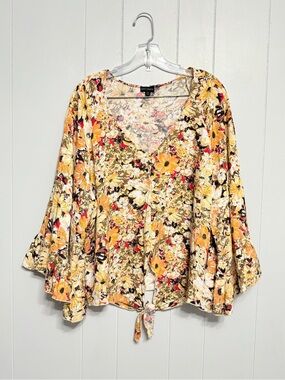 #12)  Coco + Carmen Yellow Floral V-Neck Tie-Front Blouse